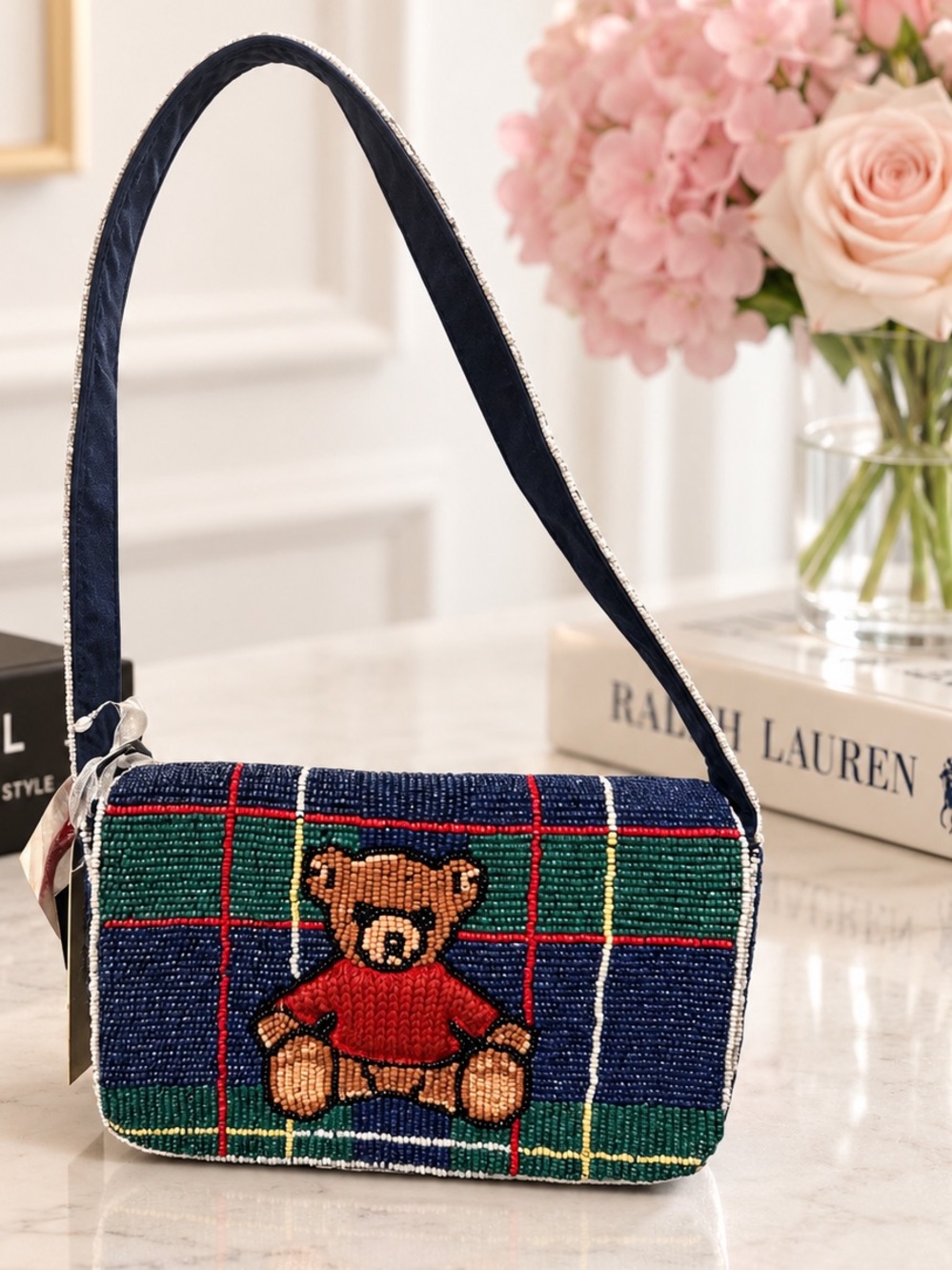 TikTok Viral Beaded Teddy Bear Plaid Shoulder Bag Preppy Purse